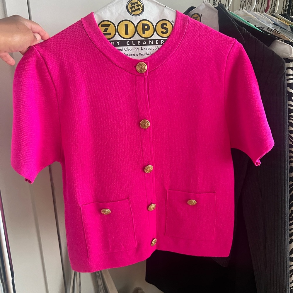 Zara Bright Pink Short-Sleeve Sweater Gold Buttons